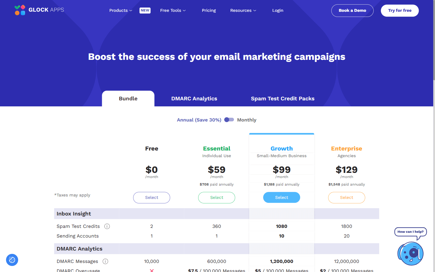 GlockApps pricing page showing Free, Essential, Growth, and Enterprise plans