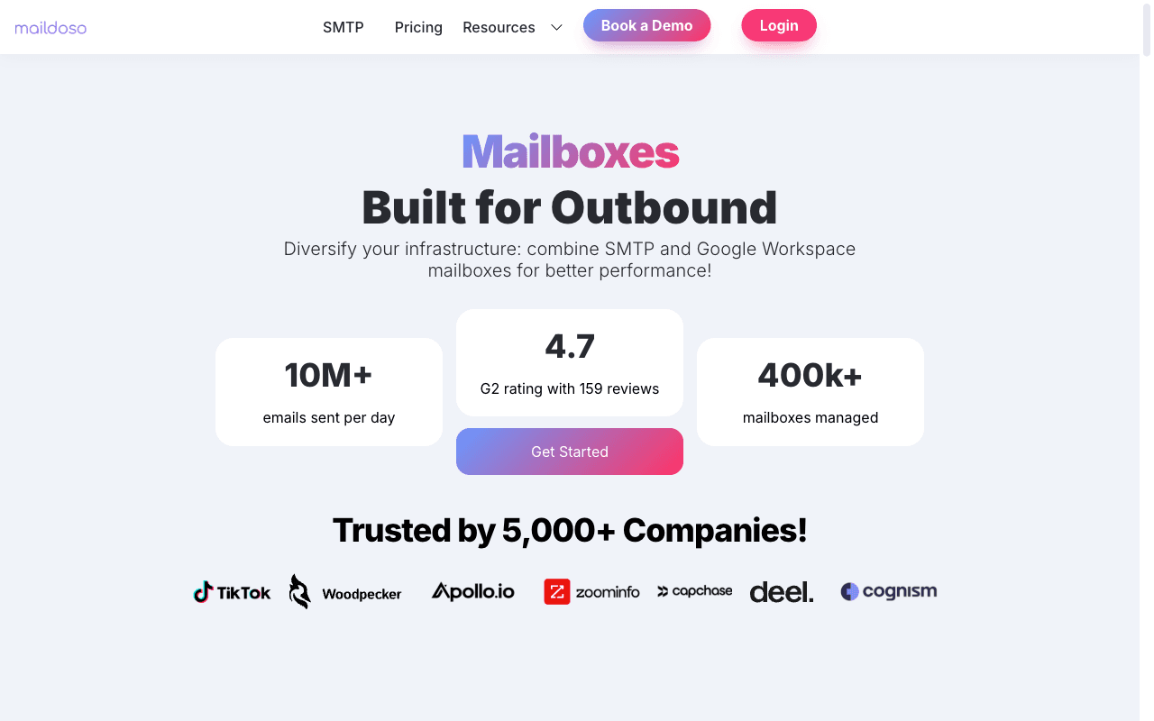 Maildoso homepage showing SMTP and Google Workspace Combo bundles