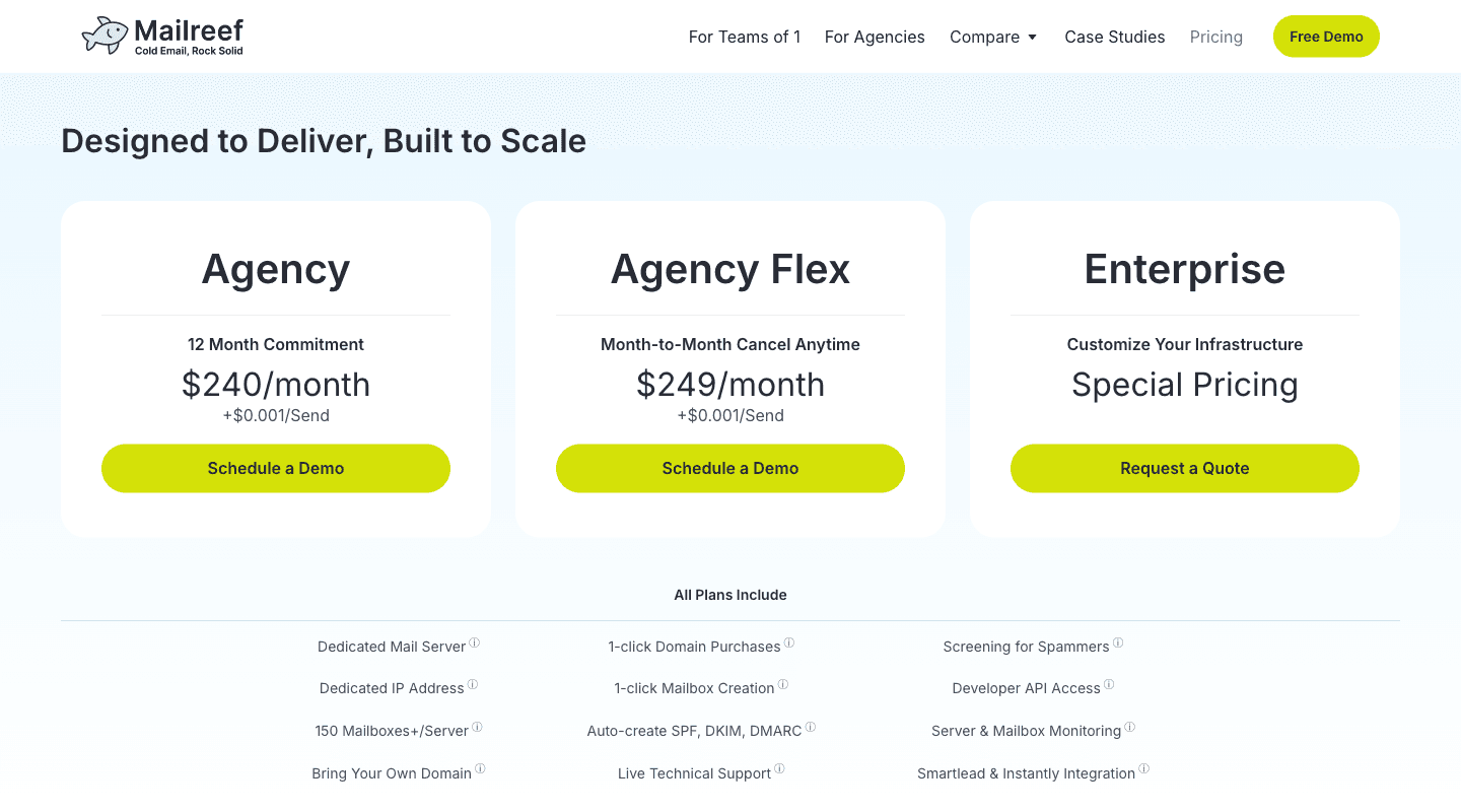 MailReef pricing page showing Agency, Agency Flex, and Enterprise plans