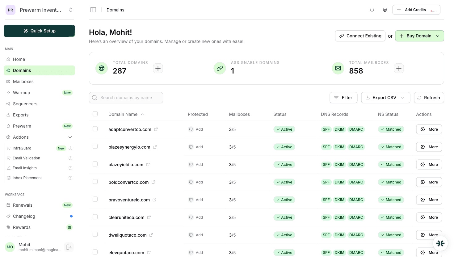 InboxKit domain management showing DMARC policy status