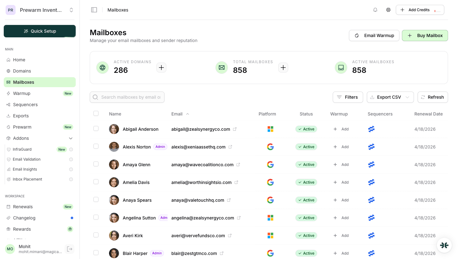 InboxKit mailboxes distributed across Google and Microsoft providers